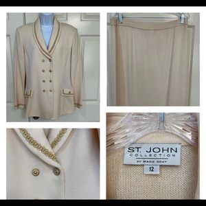 ST JOHN COLLECTION By Marie Gray Gold Trim Knit Skirt 2-piece Suit Set.